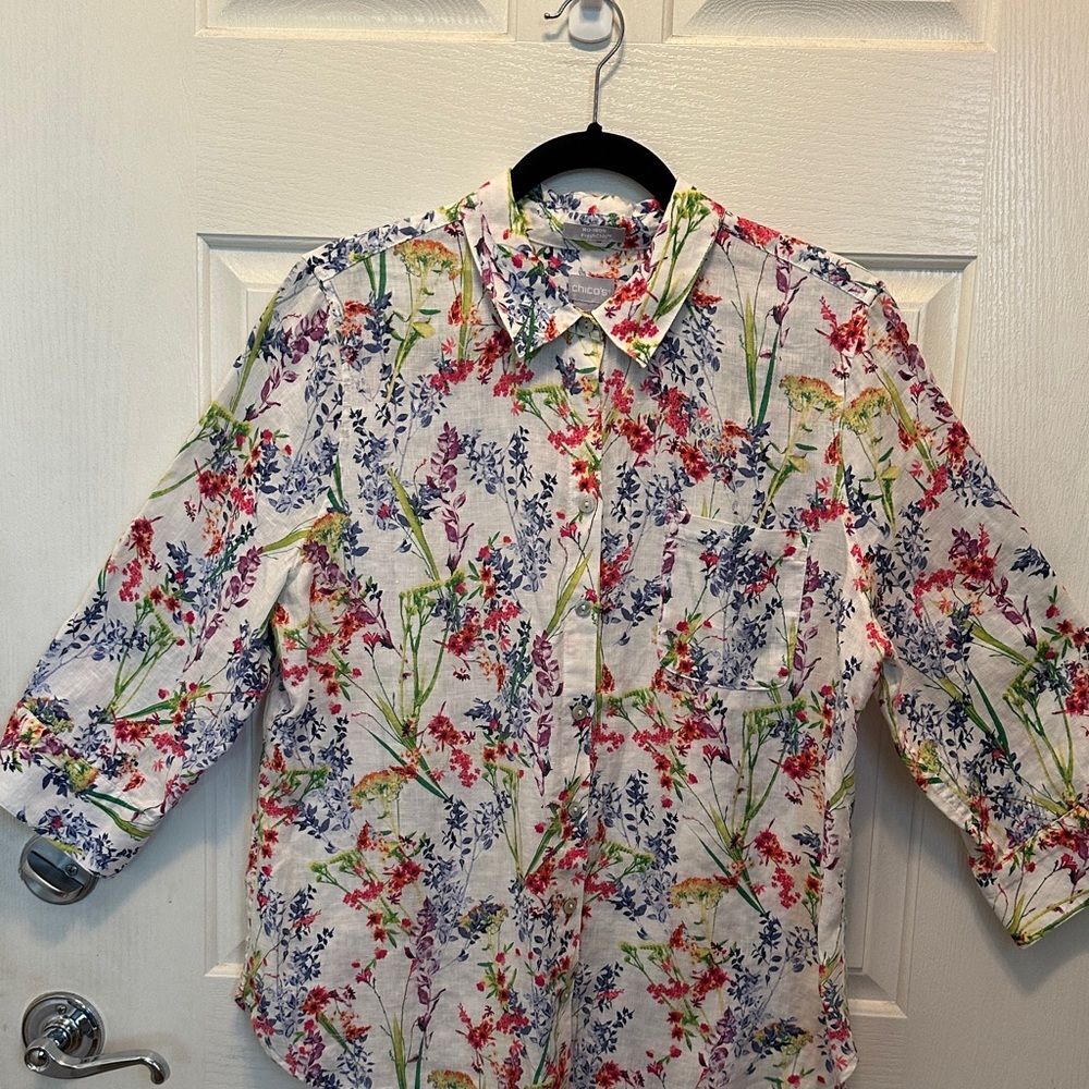 Chico's White 100% Linen Floral Button-Down Shirt No-Iron FreshChic Size 12-14